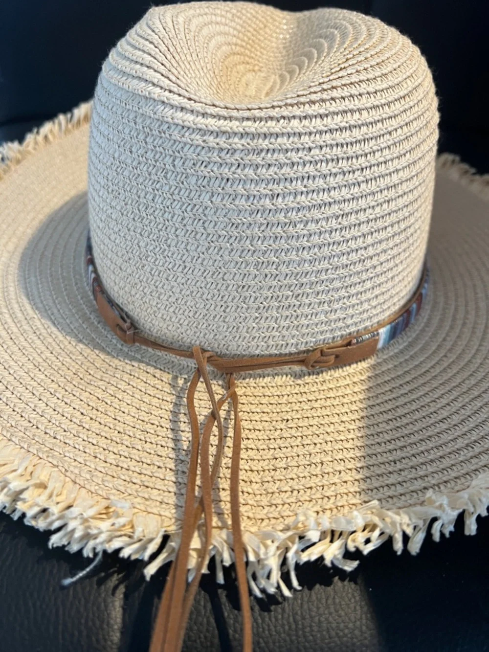 Straw Wide-Brim Sun Hat with Fringe and Beaded Band - Beige - Picture 2 of 5